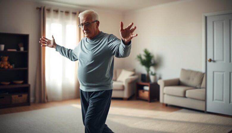 senior performing simple balance exercises at home