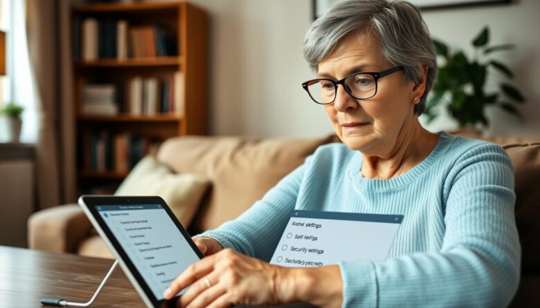 Senior using a tablet for online safety