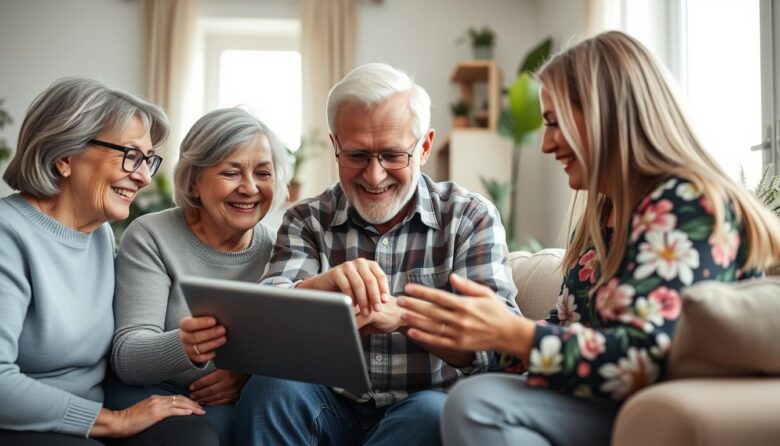 seniors using technology together